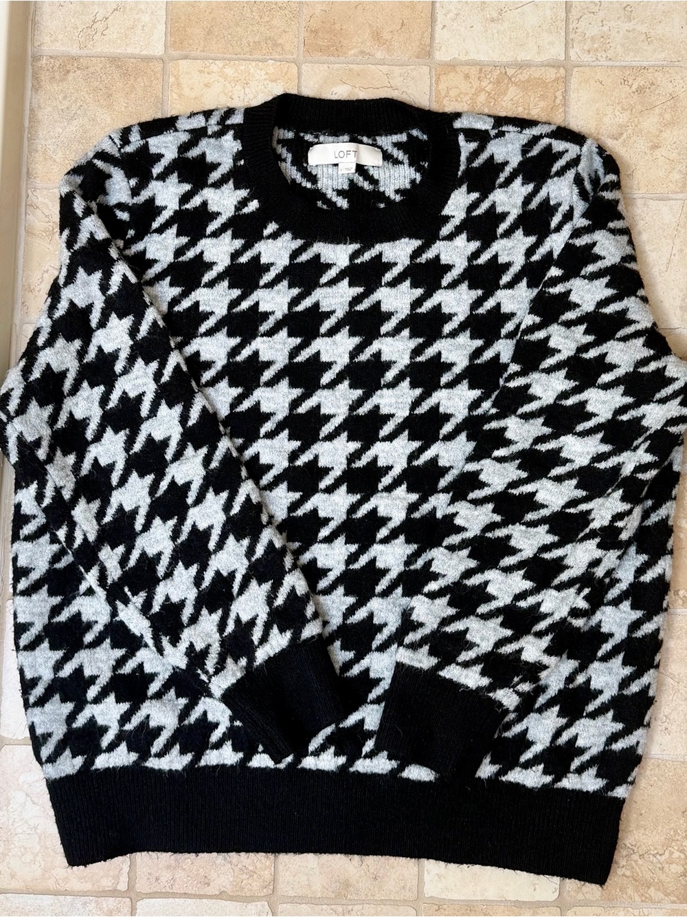 LOFT Black and White Houndstooth Crewneck Sweater